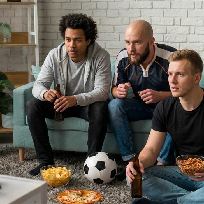 Three mates watching a live sport broadcast at home with snacks and drinks