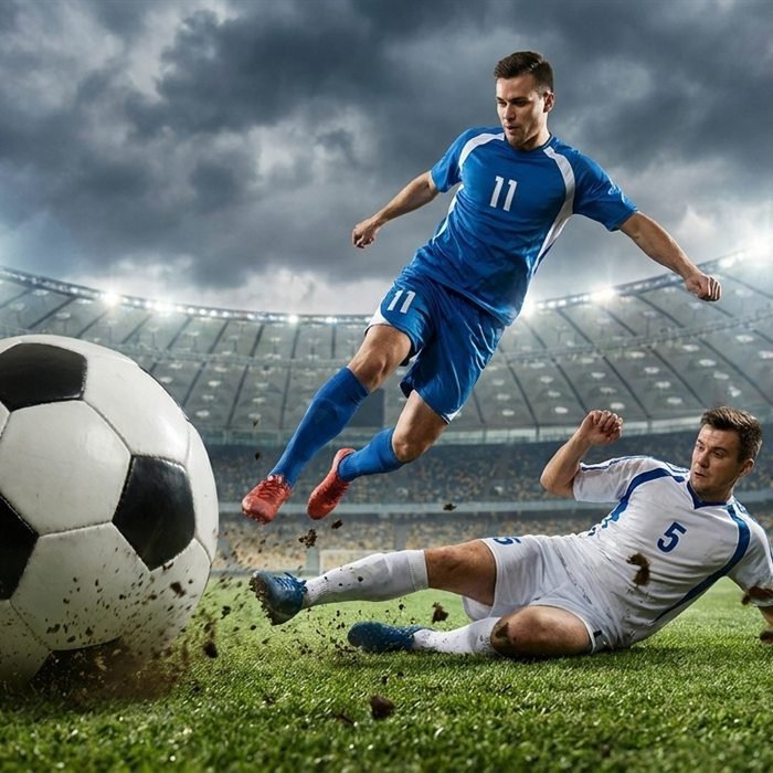 Football players competing under stadium lights — live Premier League and A-League football streaming in 4K
